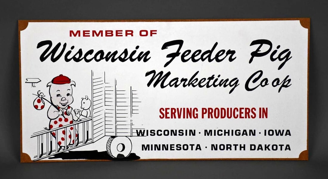 Wisconsin Feeder Pig Masonite Sign: rated 9, 12"x24", has good color and shine.