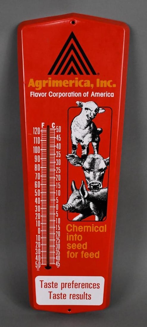 Agrimerica w/ Graphics Metal Thermometer: rate 8.75, 24" x 8", Single sided metal therm, has good color and graphics 