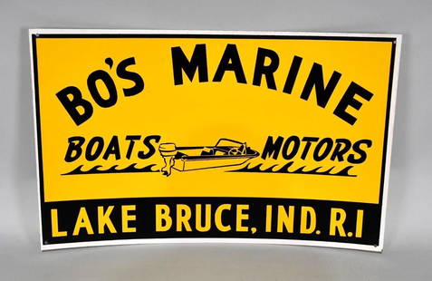 Bo's Marine Boats Motors w/Image Metal Sign (TAC): rated 9, 15"x24", the SST sign has good color and shine, light wear around the perimeter. TAC #058005