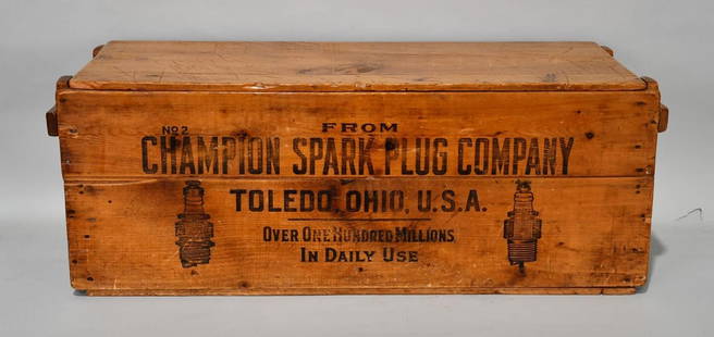 Champion Spark Plug Cabinet from IH Farmall Works: 15" x 15" x 38", Wooden Champion crate that was addressed to Farmall Works at Rock Island, IL. Cool piece for the farm collector