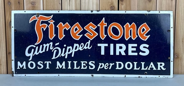 Firestone Gum-Dipped Tires Most Miles per Dollar Porcelain Sign (TAC)