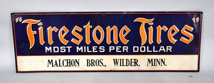 Firestone Tires "Most Miles Per Dollar" Metal Tacker Sign (TAC)
