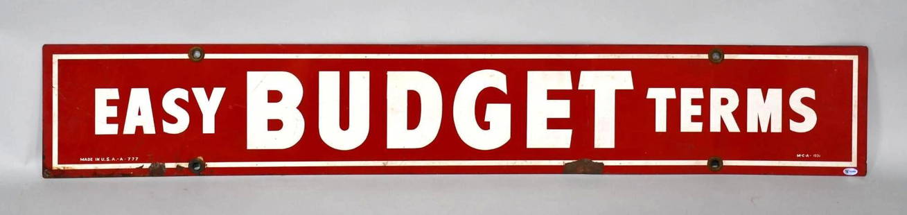 (Firestone) Easy Budget Terms Metal Sign (TAC): rated 8 & 7, 7"x44", the DST sign display has wear and soiling, reverse has more. TAC #031904