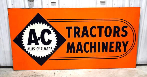 Allis-Chalmers Tractors Machinery w/Logo Metal Sign (TAC): rated 8.5, 46"x94", the SST wood backed sign has good color, has paint loss at the top edge. TAC #040010