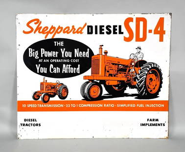 Sheppard Diesel SD-4 Tractor Metal Sign (TAC): rated 8.25, 36"x44", the SST sign has very good color and shine, has light wear and extra holes in the field, wear around and extra holes around the perimeter. TAC #008712
