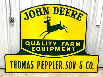 John Deere w/4-Leg Logo Quality Farm Equipment Metal Road Sign (TAC): rated 8.25, 71.5"x95.5", the two-piece SST diecut wood backed sign has good color, has wear and soiling, ink stamped Grace Sign Co. on back. TAC #058193