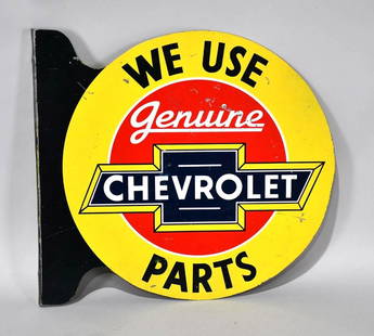 We Use Genuine Chevrolet Parts Metal Flange Sign (TAC): rated 7, 18"x18.5", the diecut metal flange sign has good color, has wear and paint chips, the flange has been trimmed. TAC #058198