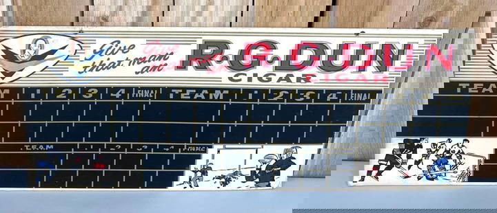 R.G. Dun Cigar Cardboard Chalkboard Football Score Board: rated 8.25, 12"x31.5", the double-sided cardboard sign has good color, has light soiling, minor damage around the perimeter.