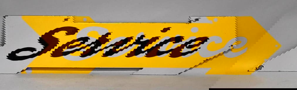 (Massey-Harris) Service Porcelain Arrow Sign (TAC): rated 9, 8"x36", the DSP arrow shaped sign has excellent color and gloss, fields are clean, has small chips around the perimeter. TAC #058076