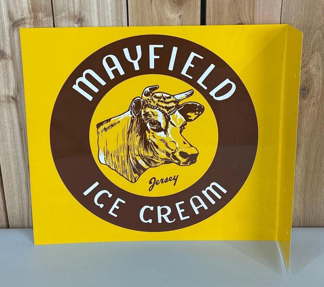 Mayfield Ice Cream Metal Flange Sign: rated 9.5, 18"x20", the metal flange sign in good condition