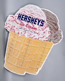 Hershey's Ice Cream Metal Menu Board Sign (TAC): rated 8.5, 34"x28.5", the SST diecut sign has good color, has a few scratches in the field. TAC #058165