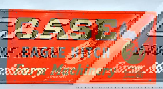 Case Eagle Hitch Farm Machinery w/Logo Metal Sign (TAC): rated 8.25, 35.5"x71.5", SST embossed sign, has good color and shine, has white reflective lettering, has light wear, large vertical scratch in the field, marked G-24. TAC #001974