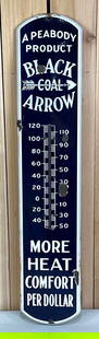 Black Coal Arrow w/Logo Porcelain Thermometer (TAC): rated 8.25, 39"x8", the porcelain embossed thermometer has good color&nbsp;and gloss, tube is good, has chips in the field and around the perimeter. TAC #059240