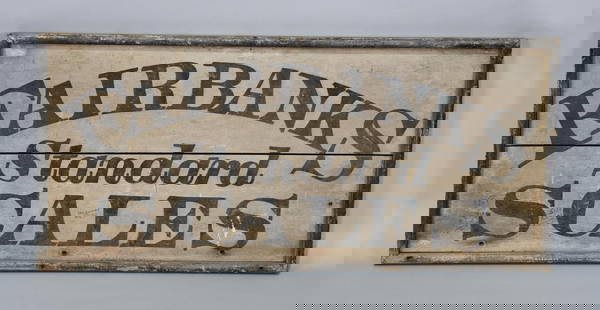 Fairbanks Standard Scales Wood Sign: rated 7.5, 18.5"x40.5", the wood sign framed, has wear and soiling.