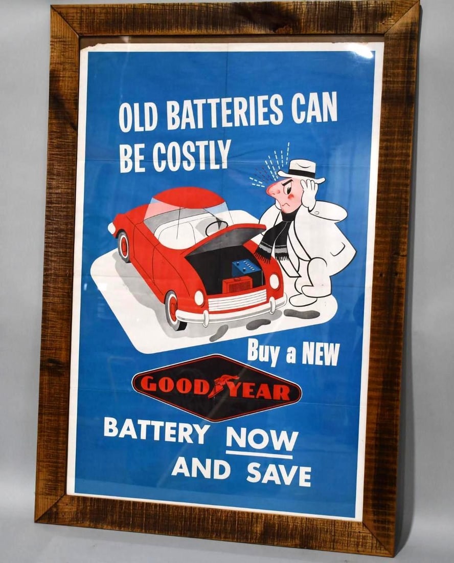Goodyear Battery Now & Save Paper Poster Framed: rated 8.5, 49"x34", the paper poster has fold crease, is framed.