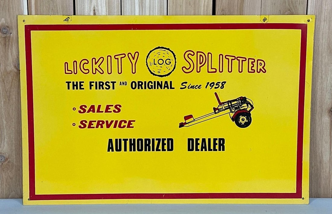Lickity Splitter Authorized Dealer w/Image Metal Sign (TAC): rated 9, 24"x36", the SST sign has very good color and shine, field is clean, light wear around the perimeter. TAC #059090