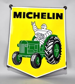 Michelin w/Bibendum riding a Tractor Porcelain Sign (TAC)