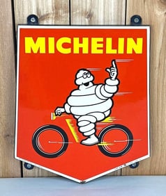 Michelin w/Bibendum riding a Motorcycle Porcelain Sign (TAC)