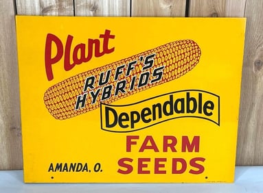 Plant Ruff's Hybrids Farm Seeds w/Ear of Corn Metal Flange Sign (TAC)