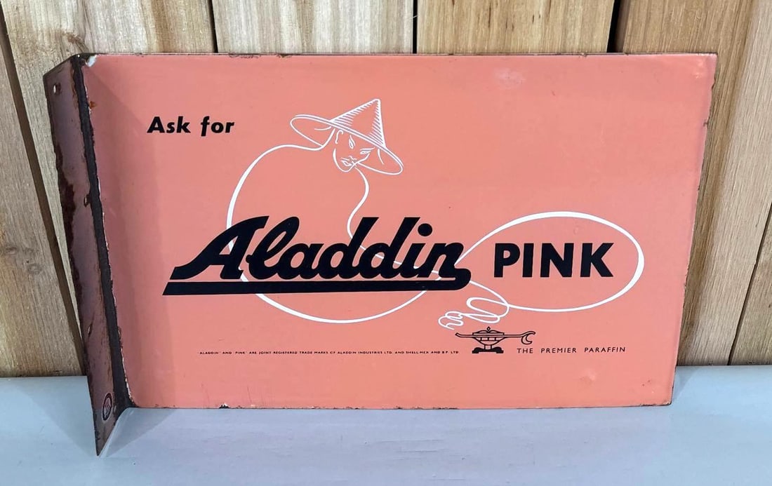 Ask for Aladdin Pink w/Logo Porcelain Flange Sign (TAC): rated 8.9, 12"x18", the porcelain flange sign has good color and gloss, fields are clean, damage on the flange. TAC #059018