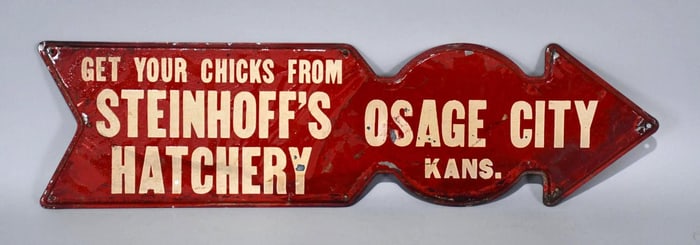 Steinhoff's Hatchery Osage City Kans. Metal Arrow Sign (TAC)