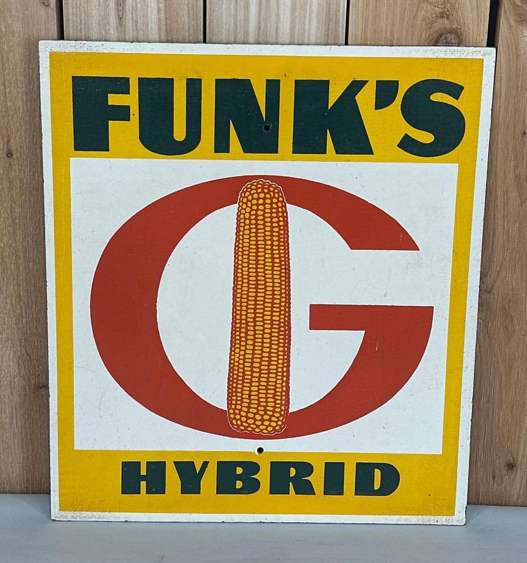 Funk's Hybrids w/Logo Masonite Sign: rated 9, 20.5"x18", the single-sided Masonite sign in good condition.