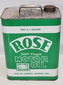Rose Motor Oil w/Logo Two Gallon Rectangle Metal Can