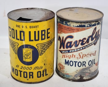 Gold Lube & Waverly High Speed Motor Oil One Quart Metal Cans