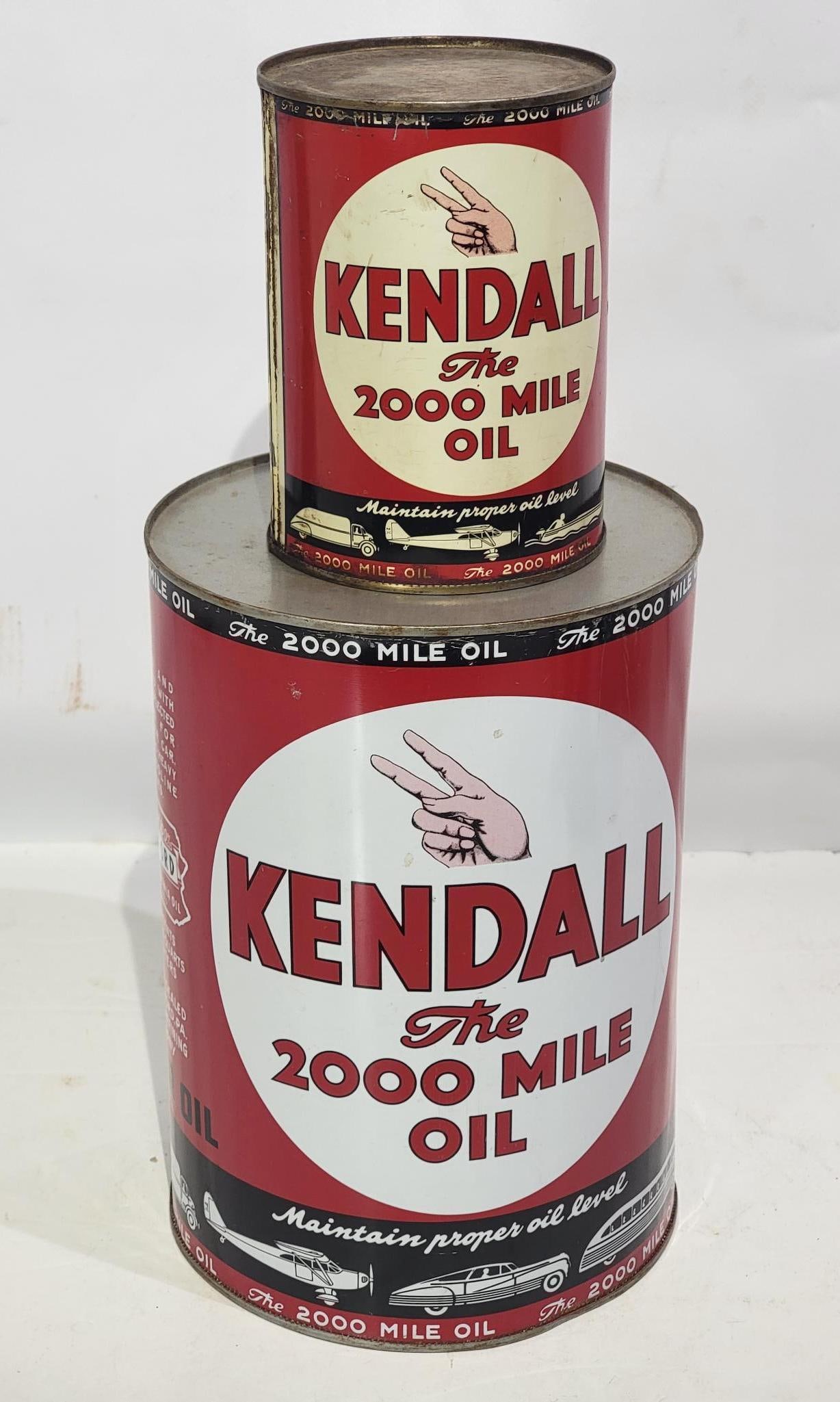 Kendall  "The 2000 Mile Oil" One & Five Quart Round Metal Cans (1 of 3)