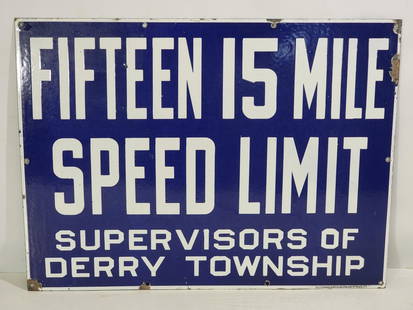 Fifteen 15 Mile Speed Limit Porcelain Sign (TAC): rated 9, 18"x24", the SSP sign has excellent color and gloss, filed is clean, has chips around the perimeter, marked Baltimore Enamel. TAC #057957