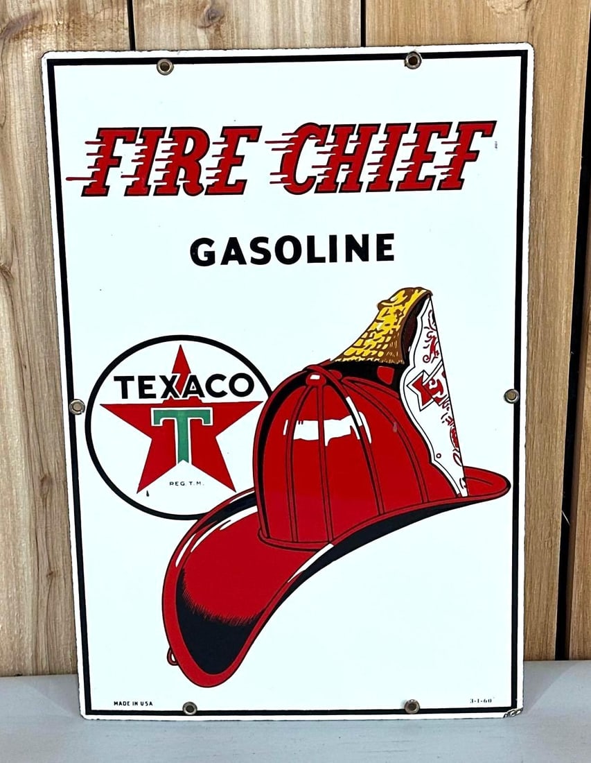 Texaco (white-T) Fire Chief Gasoline Porcelain Pump Sign: rated 9, 18"x12", the SSP sign has excellent color and gloss, field is clean, has ding at the bottom corner, dated 1960. TAC #059085