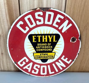 Cosden Gasoline w/Ehtyl Logo Porcelain Pump Sign (TAC)