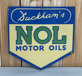 Duckham's NOL Motor Oils Porcelain Sign (TAC): rated 8.5, 17"x17", the SSP diecut sign has good color and gloss, has light staining in the field. TAC #059012