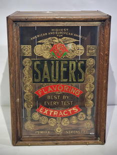 Sauer's Flavoring Extracts Counter-Top Display Point of Display (TAC): rated 8.5, 21"x15"x11", the quarter sawn oak cabinet with reverse paint front glass, glass has very good color, has light wear, comes with two glass shelves, with spacers, comes with 25 or so Sauer's