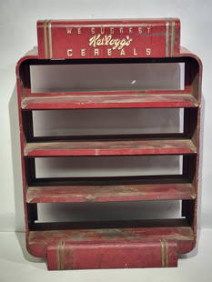 Kellogg's Cereals Metal Display Rack: rated 7.5, 27.5"x18.5"x7", the metal display rack has wear and soiling.