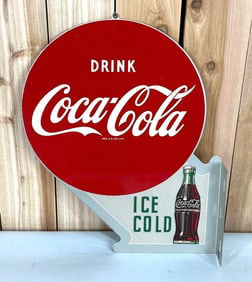 Drink Coca-Cola Ice Cold w/Bottle Metal Flange Sign (TAC)