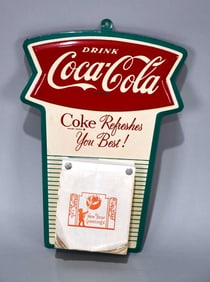 Drink Coca-Cola w/Fish Tail Logo Metal Calendar Holder Sign (TAC)