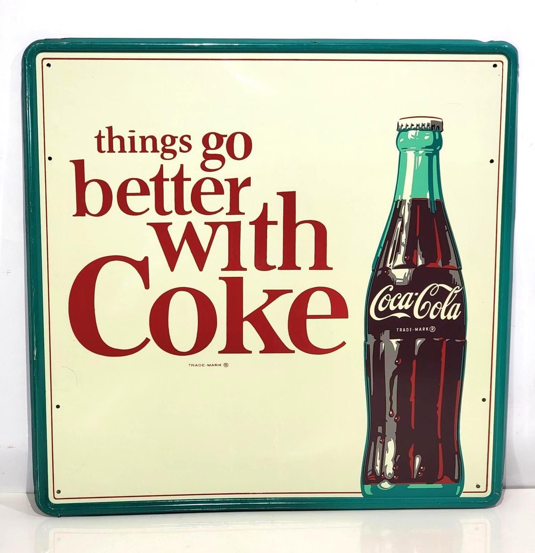 Coca-Cola "things go better with Coke" w/Bottle Metal Sign (TAC): rated 9+, 23.5"x23.5", the SST self-framed sign has excellent color and shine, field is clean, has wear around the perimeter, marked Robertson. TAC #058885