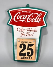 Drink Coca-Cola w/Fish Tail Logo Metal Calendar Holder Sign (TAC)