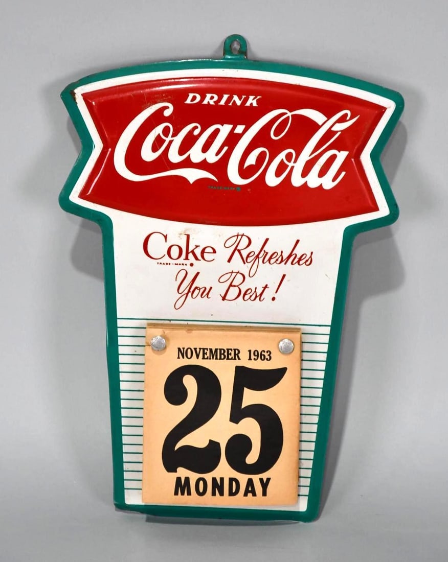 Drink Coca-Cola w/Fish Tail Logo Metal Calendar Holder Sign (TAC) (1 of 4)