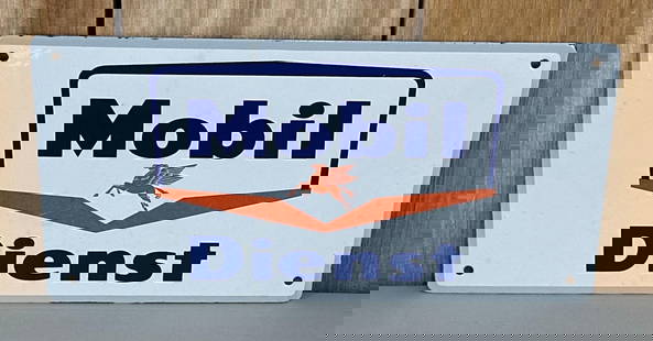 Mobil w/Small Pegasus Dienst Porcelain Sign (TAC): rated 9, 5"x11", the SSP diecut sign has good color and gloss, has light wear in the field, marked on back. TAC #059185