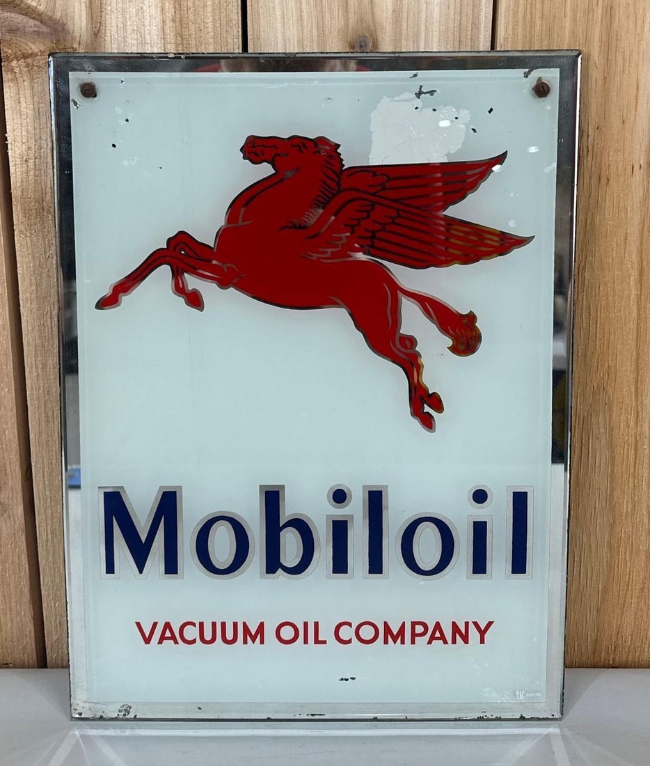 Mobiloil Vacuum Oil Company w/Pegasus Reverse Painted Glass Sign (TAC) (1 of 3)