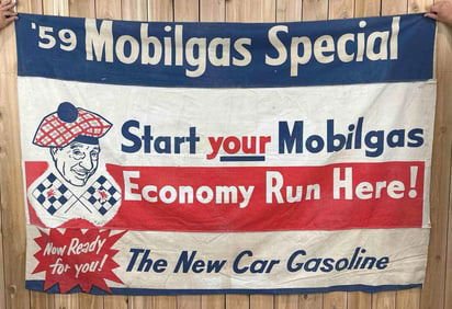 1959 Mobilgas Special Economy Run Here! Cloth Banner