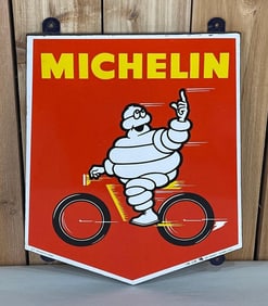 Michelin w/Bibendum riding a Motorcycle Porcelain Sign (TAC)