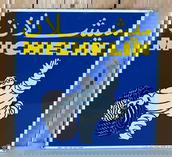 Michelin w/Bibendum & Tire Porcelain Sign (TAC): rated 9, 29.5"x29.5", the SSP rolled edge sign has&nbsp; very good color and gloss, marked Made in France. TAC #059351