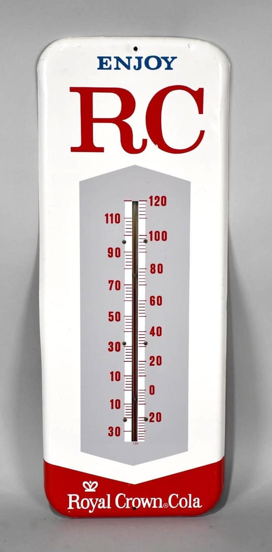 Enjoy RC Royal Crown Cola Metal Thermometer (TAC): rated 8.9, 25.5"x10", the embossed metal thermometer has good color and shine, has light wear, tube is good. TAC #058216