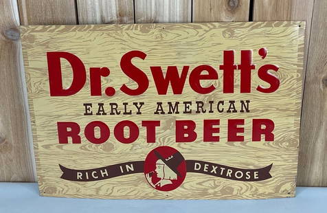Dr. Swett's Root Beer w/Logo Metal Sign (TAC): rated 8.9, 19"x27", the SST embossed sign has excellent color and shine, has light wear. TAC #059376