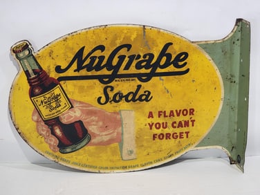 Nu Grape Soda w/Bottle & Hand Metal Flange Sign (TAC)
