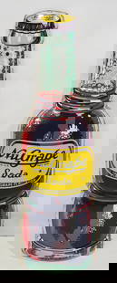NuGrape Soda Metal Bottle Shaped Sign (TAC): rated 8.9, 17"x5", the SST embossed diecut sign has very good color and shine, field is clean, has wear around the perimeter. TAC #058674
