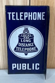 Public Telephone w/Long Distance Logo Porcelain Flange Sign (TAC)